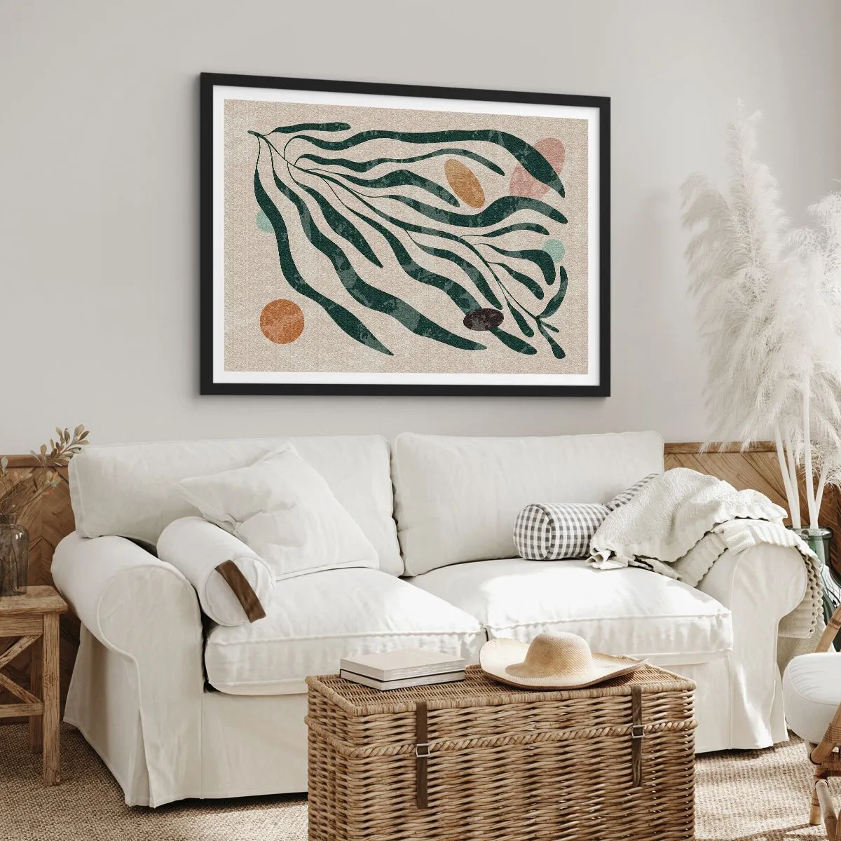 Poster in einem schwarzem Rahmen - Organische Linien und Formen in Grün und Beige - 70x50cm - Im Grünen - Moderne Wanddekoration für Wohnzimmer und Schlafzimmer ARTTOR