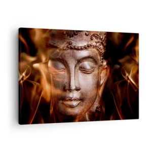 Bild auf Leinwand - Leinwandbild - Eine Buddha-Statue inmitten von Flammen in goldenen Farbtönen - 70x50cm - Es existiert nur hier und jetzt - Moderne Wanddekoration für Wohnzimmer und Schlafzimmer ARTTOR
