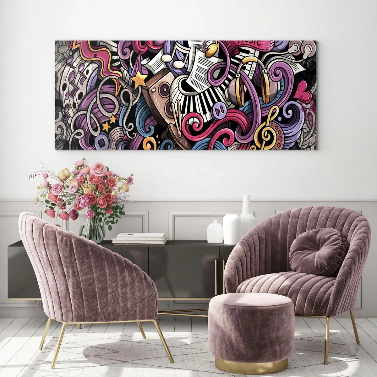 Glasbild - Bild auf glas - Eine musikalische Abstraktion voller farbenfroher Instrumente und Noten. - 140x50cm - Komplizierte Melodie - Moderne Wanddekoration für Wohnzimmer und Schlafzimmer ARTTOR