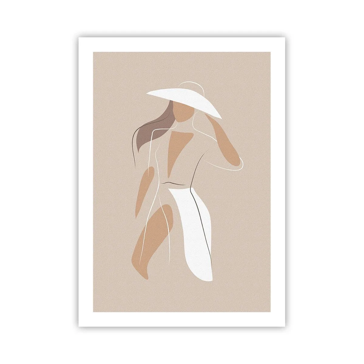 Poster - Eine minimalistische Silhouette einer Frau mit Hut auf beigem Hintergrund. - 50x70cm - Mode macht Spaß - Moderne Wanddekoration für Wohnzimmer und Schlafzimmer ARTTOR