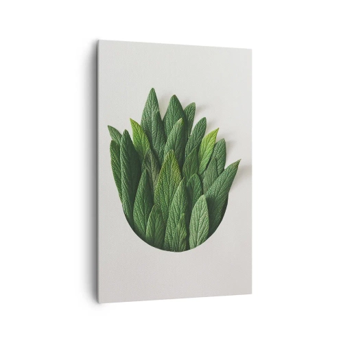 Bild auf Leinwand - Leinwandbild - Eine Komposition aus grünen Blättern auf hellem Hintergrund - 80x120cm - Ungebremste Neugier - Moderne Wanddekoration für Wohnzimmer und Schlafzimmer ARTTOR