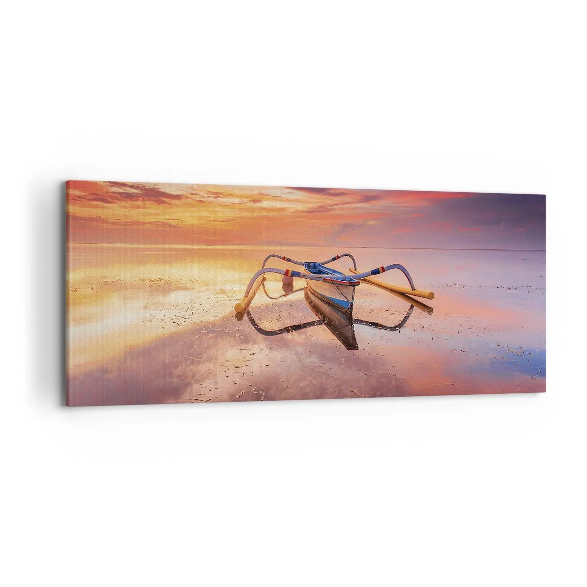Bild auf Leinwand - Leinwandbild - Ein Boot auf ruhigem Wasser bei Sonnenuntergang - 120x50cm - Die Ruhe eines tropischen Abends - Moderne Wanddekoration für Wohnzimmer und Schlafzimmer ARTTOR