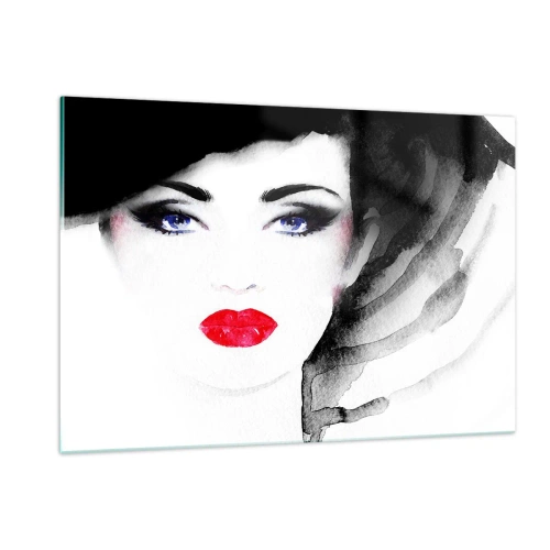 Glasbild - Bild auf glas - Porträt einer Frau mit ausdrucksstarken roten Lippen und schwarzem Hut - 120x80cm - Er drückt zurück und ruft an - Moderne Wanddekoration für Wohnzimmer und Schlafzimmer ARTTOR