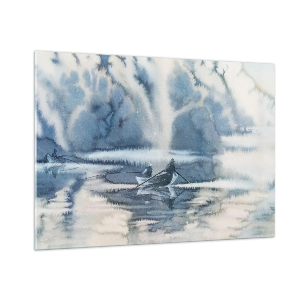 Glasbild - Bild auf glas - Zwei Fischer auf einem Boot, umgeben von einer nebligen Landschaft - 100x70cm - Angler in ihrem Paradies - Moderne Wanddekoration für Wohnzimmer und Schlafzimmer ARTTOR