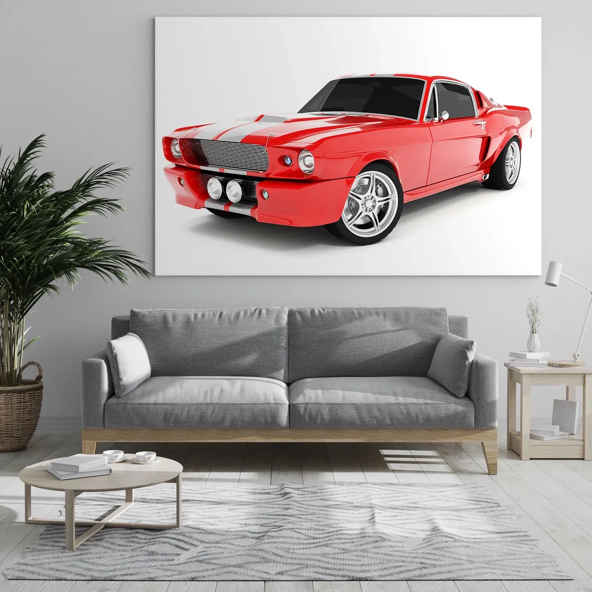 Glasbild - Bild auf glas - Roter klassischer Mustang-Sportwagen - 100x70cm - Ein Mustang so schnell wie der Wind - Moderne Wanddekoration für Wohnzimmer und Schlafzimmer ARTTOR