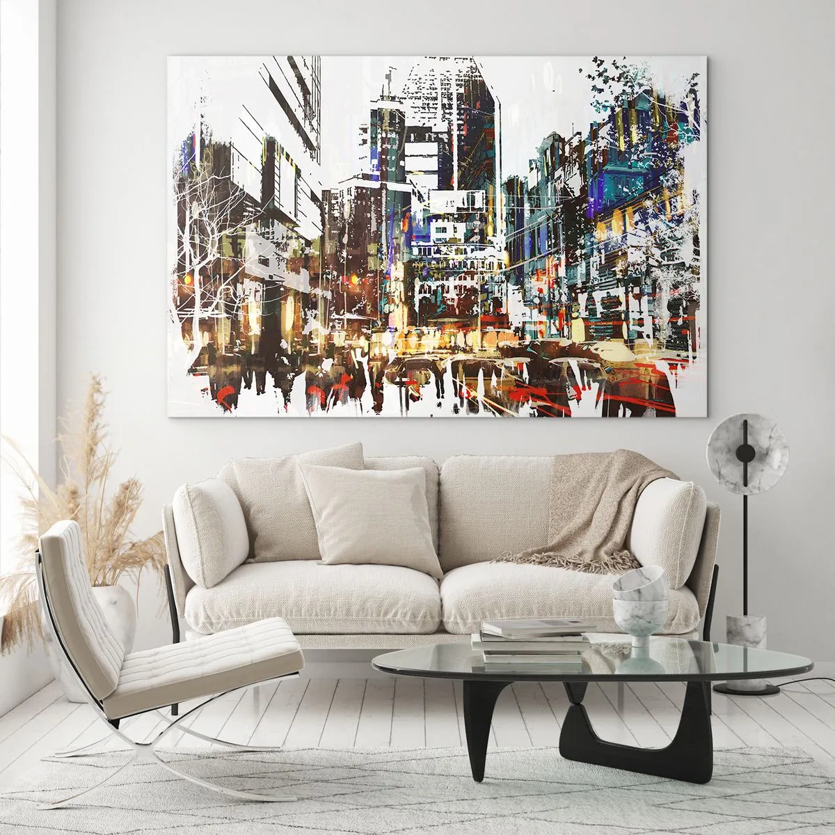 Glasbild - Bild auf glas - Bunte Stadtlichter im künstlerischen, funkelnden Stil - 100x70cm - Eine schillernde Stadt - Moderne Wanddekoration für Wohnzimmer und Schlafzimmer ARTTOR
