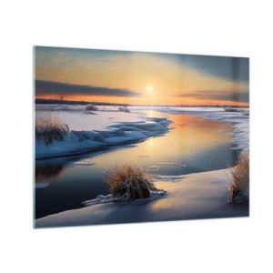 Glasbild - Bild auf glas - Winterlandschaft mit Sonnenuntergang über einem zugefrorenen Fluss - 70x50cm - Wintersonnenuntergang - Moderne Wanddekoration für Wohnzimmer und Schlafzimmer ARTTOR