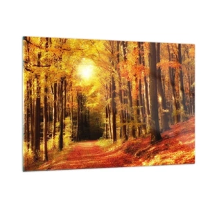 Glasbild - Bild auf glas - Herbstwald in goldenes Sonnenlicht getaucht - 120x80cm - Goldener Herbst auf einer Forststraße - Moderne Wanddekoration für Wohnzimmer und Schlafzimmer ARTTOR