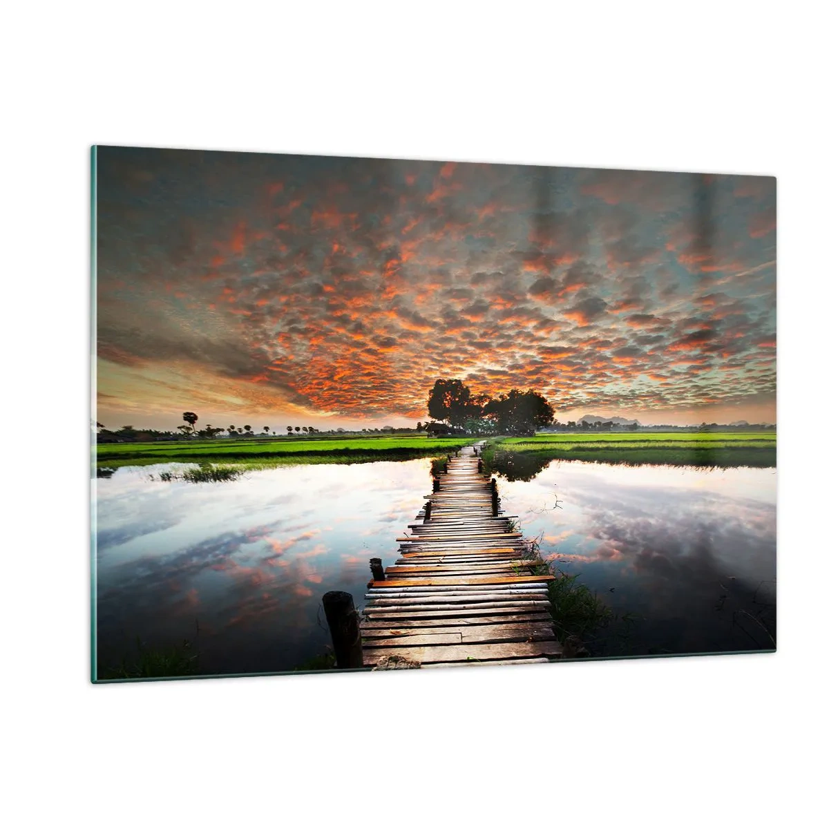 Glasbild - Bild auf glas - Holzbrücke über den Fluss bei Sonnenuntergang - 120x80cm - Arme ausstrecken - atmen - Moderne Wanddekoration für Wohnzimmer und Schlafzimmer ARTTOR