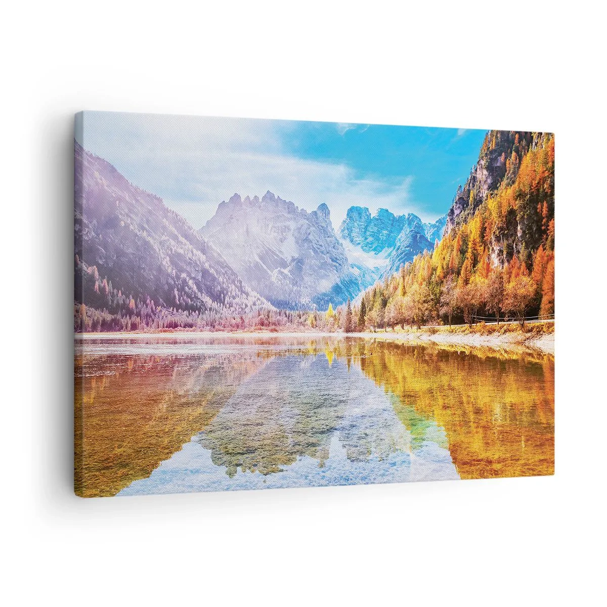 Bild auf Leinwand - Leinwandbild - Herbstliche Berglandschaft mit See - 70x50cm - Und in den Bergen ist es schon Herbst - Moderne Wanddekoration für Wohnzimmer und Schlafzimmer ARTTOR