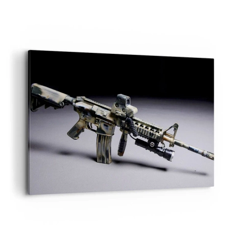 Bild auf Leinwand - Leinwandbild - Moderne Waffe in Tarnfarbe auf dunklem Hintergrund - 100x70cm - Immer bedrohlich - Moderne Wanddekoration für Wohnzimmer und Schlafzimmer ARTTOR
