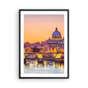 Poster in einem schwarzem Rahmen - Sonnenuntergang über der Brücke und der Basilika mit Lichtern in Rom - 50x70cm - Sonnenuntergang über der ewigen Stadt - Moderne Wanddekoration für Wohnzimmer und Schlafzimmer ARTTOR