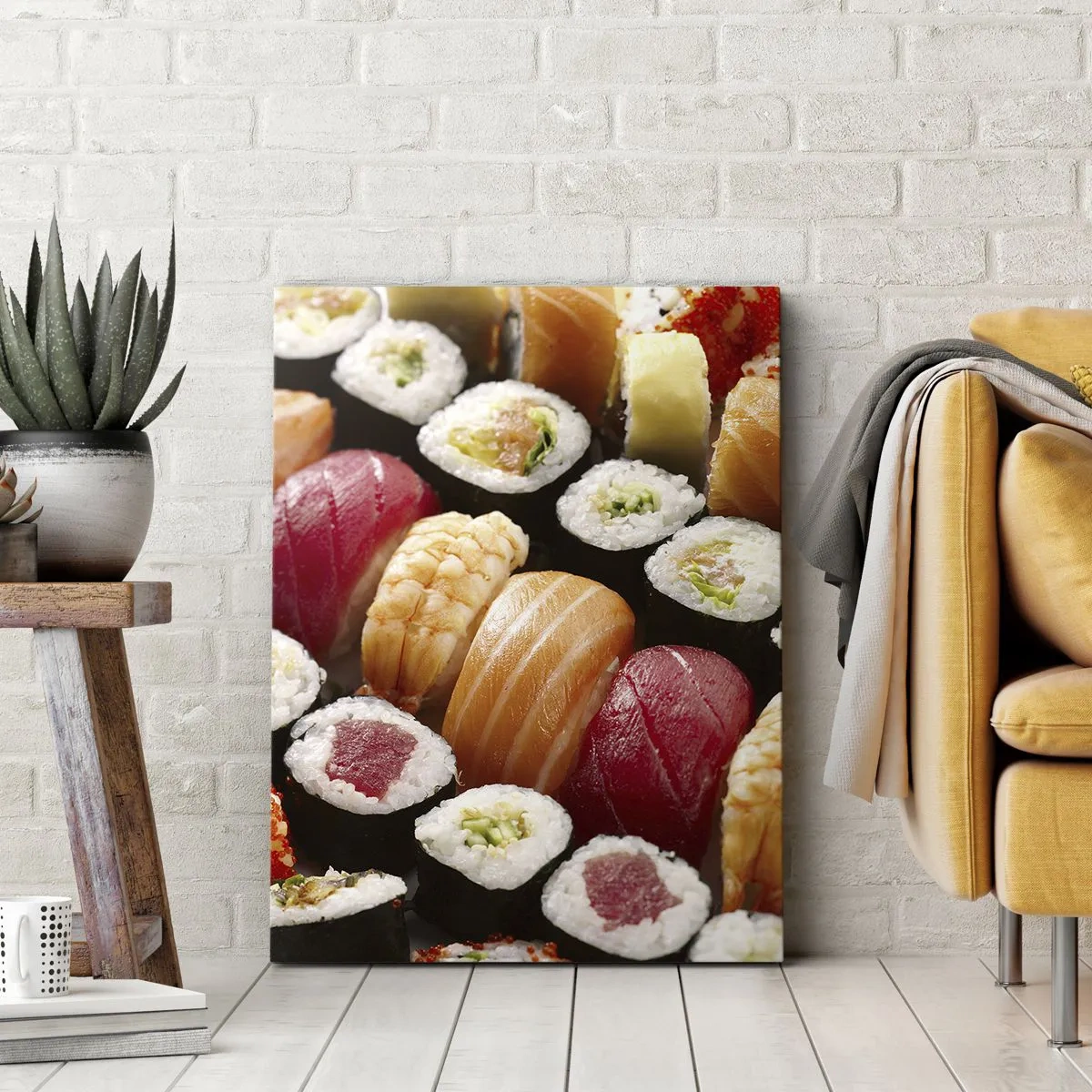 Bild auf Leinwand - Leinwandbild - Buntes Sushi in Reihen angeordnet mit verschiedenen Toppings - 70x100cm - Farben und Aromen Asiens - Moderne Wanddekoration für Wohnzimmer und Schlafzimmer ARTTOR