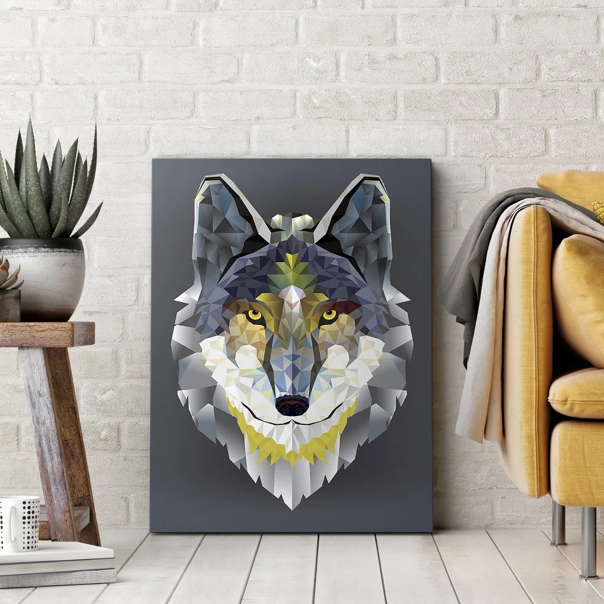 Bild auf Leinwand - Leinwandbild - Geometrisches Bild eines Wolfes auf grauem Hintergrund - 80x120cm - Vom Teufel sprechen - Moderne Wanddekoration für Wohnzimmer und Schlafzimmer ARTTOR
