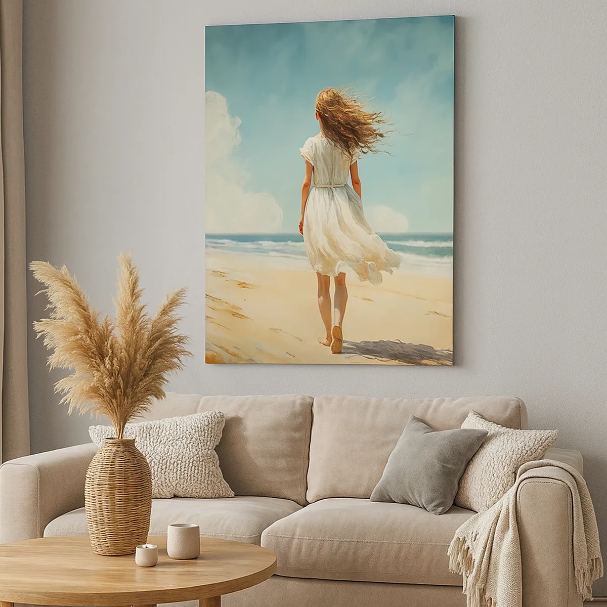 Bild auf Leinwand - Leinwandbild - Eine Frau in einem weißen Kleid geht an einem sonnigen Tag am Strand spazieren - 50x70cm - Der Sonne und dem Wind begegnen - Moderne Wanddekoration für Wohnzimmer und Schlafzimmer ARTTOR