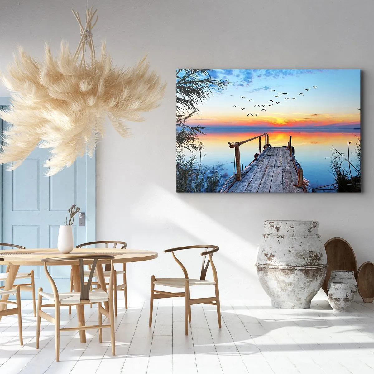 Bild auf Leinwand - Leinwandbild - Holzsteg über dem See bei Sonnenuntergang - 70x50cm - Es ist Zeit, zurückzukehren ... - Moderne Wanddekoration für Wohnzimmer und Schlafzimmer ARTTOR