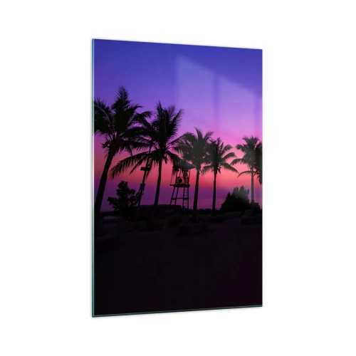 Glasbild - Bild auf glas - Silhouetten von Palmen vor einem rosa-violetten Sonnenuntergangshimmel - 70x100cm - Abend unter Palmen - Moderne Wanddekoration für Wohnzimmer und Schlafzimmer ARTTOR