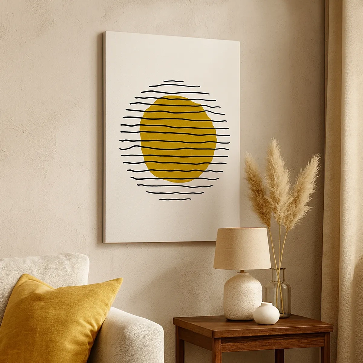 Bild auf Leinwand - Leinwandbild - Ein minimalistisches Motiv mit einem gelben Kreis und schwarzen Linien. - 50x70cm - Abstraktion, die vor Hitze zittert - Moderne Wanddekoration für Wohnzimmer und Schlafzimmer ARTTOR