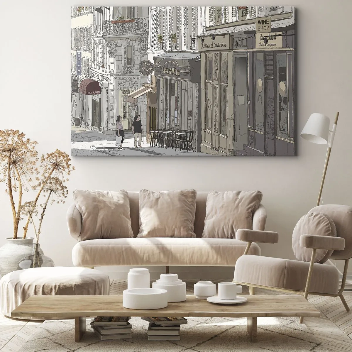 Bild auf Leinwand - Leinwandbild - Abbildung einer Stadtstraße mit Cafés und Geschäften - 70x50cm - Stadtfreuden - Moderne Wanddekoration für Wohnzimmer und Schlafzimmer ARTTOR