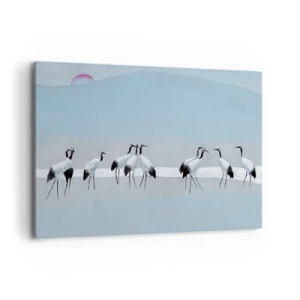 Bild auf Leinwand - Leinwandbild - Eine Gruppe von Kranichen vor blauem Himmel und der aufgehenden Sonne - 100x70cm - Nach einem heißen Tag - Moderne Wanddekoration für Wohnzimmer und Schlafzimmer ARTTOR