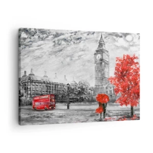 Bild auf Leinwand - Leinwandbild - Ikonische Ansicht von London mit Big Ben, einem roten Bus und einem Regenschirm - 70x50cm - Ein aufregender Tag - Moderne Wanddekoration für Wohnzimmer und Schlafzimmer ARTTOR