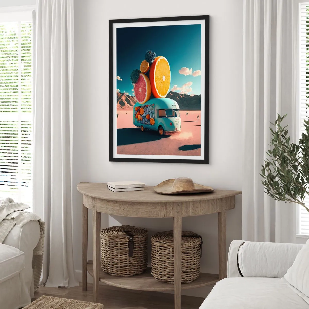 Poster in einem schwarzem Rahmen - Schicker Obst-Truck in der Wüste - 50x70cm - Geschmack von Urlaub - Moderne Wanddekoration für Wohnzimmer und Schlafzimmer ARTTOR