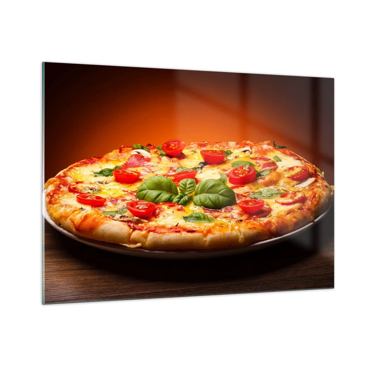 Glasbild - Bild auf glas - Pizza mit Tomaten, Basilikum und geschmolzenem Käse - 100x70cm - Mamma Mia! - Moderne Wanddekoration für Wohnzimmer und Schlafzimmer ARTTOR