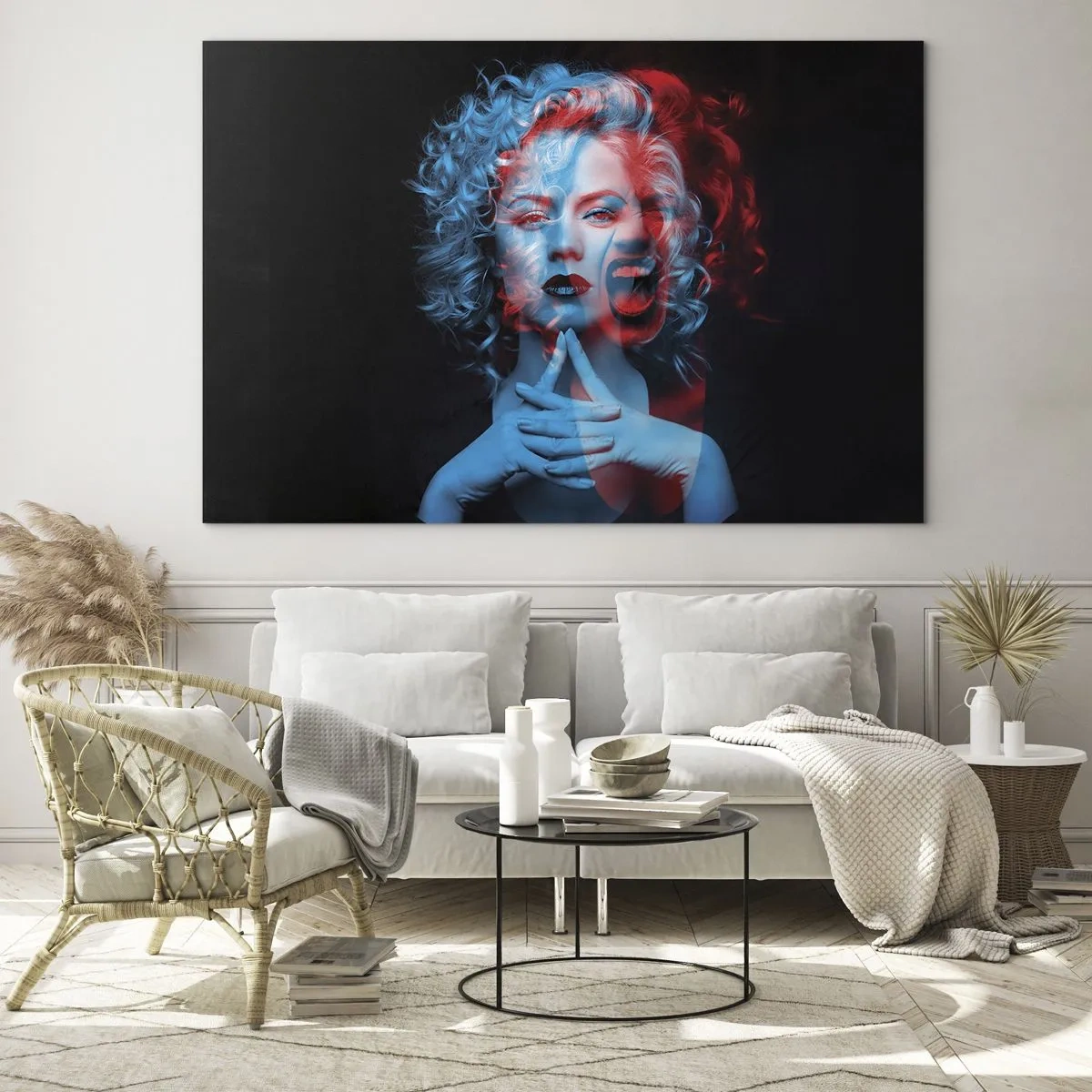 Glasbild - Bild auf glas - Frauenportrait mit Farbwechseleffekt, in Blau- und Rottönen - 70x50cm - Alter Ego - Moderne Wanddekoration für Wohnzimmer und Schlafzimmer ARTTOR