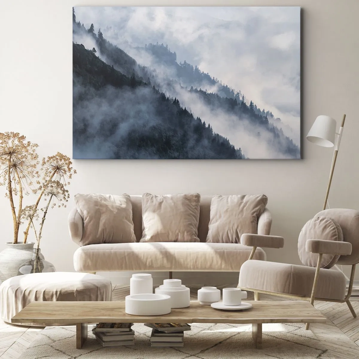 Bild auf Leinwand - Leinwandbild - Nebel schwebt über den bewaldeten Berghängen in einer geheimnisvollen Landschaft - 120x80cm - Mystik der Berge - Moderne Wanddekoration für Wohnzimmer und Schlafzimmer ARTTOR