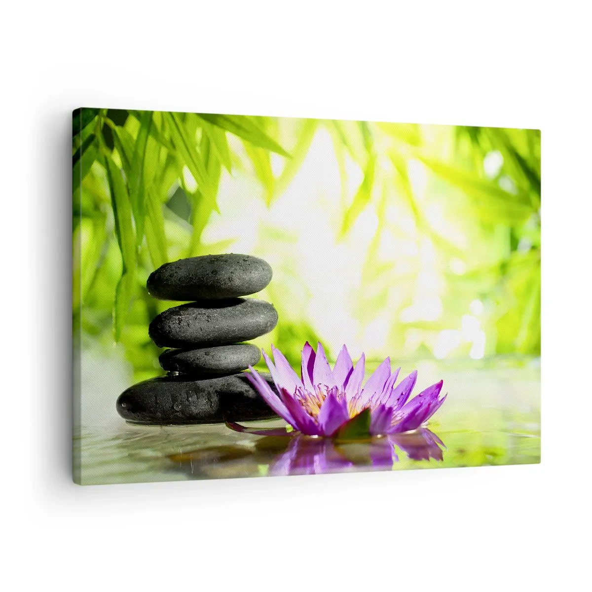Bild auf Leinwand - Leinwandbild - Ein Stapel Zen-Steine und eine Lotusblume vor einem Hintergrund aus Bambusblättern. - 70x50cm - In einem Bambusbusch - Moderne Wanddekoration für Wohnzimmer und Schlafzimmer ARTTOR