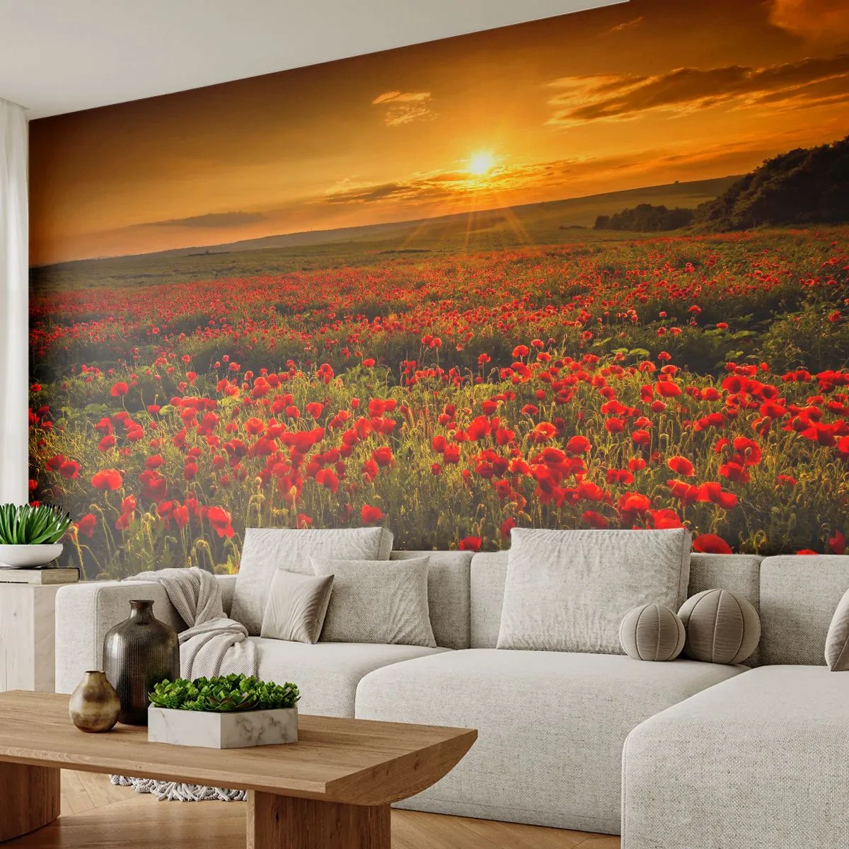 Fototapete Premium Sand - Ein Mohnfeld bei Sonnenuntergang - 100x70cm - Unter den Wellen raschelnder Wiesen, unter den Blumen der Flut - Moderne Wanddekoration für Wohnzimmer und Schlafzimmer ARTTOR