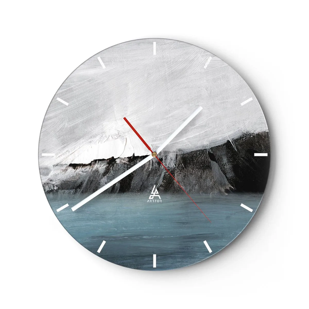Wanduhr - Glasuhr - Ein künstlerischer Zusammenprall von Weiß, Schwarz und Blau in Form einer Landschaft. - 30x30cm - Wasser – Erde: Kampf der Naturelemente - Moderne Wanddekoration für Wohnzimmer, Küche und Schlafzimmer ARTTOR
