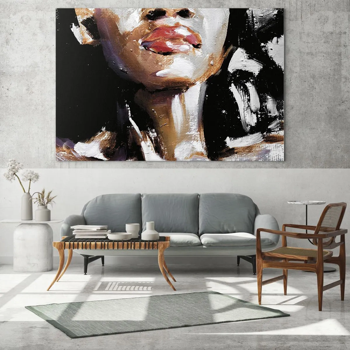 Glasbild - Bild auf glas - Nahaufnahme eines farbenfrohen Frauenporträts im ausdrucksstarken Stil - 70x50cm - Stolz ohne Vorurteile - Moderne Wanddekoration für Wohnzimmer und Schlafzimmer ARTTOR