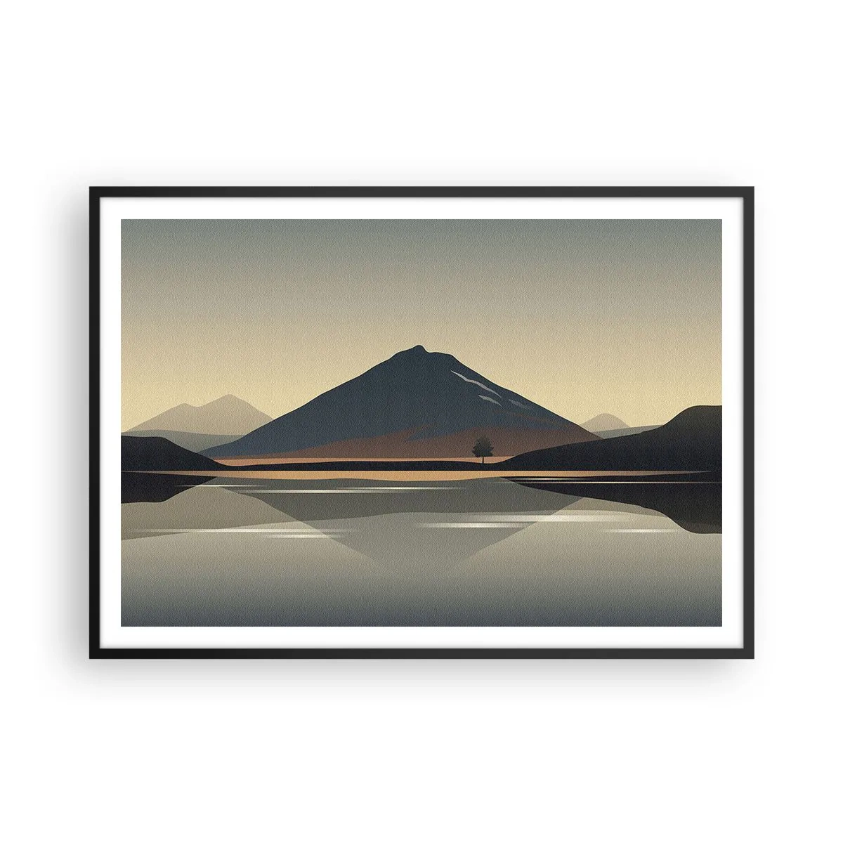 Poster in einem schwarzem Rahmen - Minimalistische Berglandschaft mit Spiegelung im Wasser - 100x70cm - Spiegelreflexion - Moderne Wanddekoration für Wohnzimmer und Schlafzimmer ARTTOR