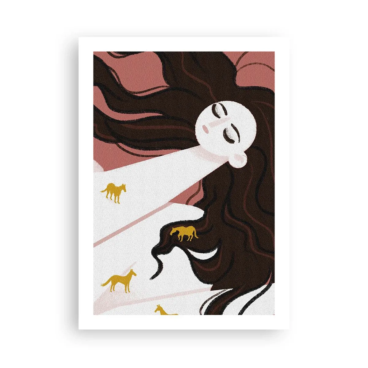 Poster - Eine verträumte Frau mit langen Haaren und goldenen Pferden - 50x70cm - Traum von einem goldenen Pferd - Moderne Wanddekoration für Wohnzimmer und Schlafzimmer ARTTOR