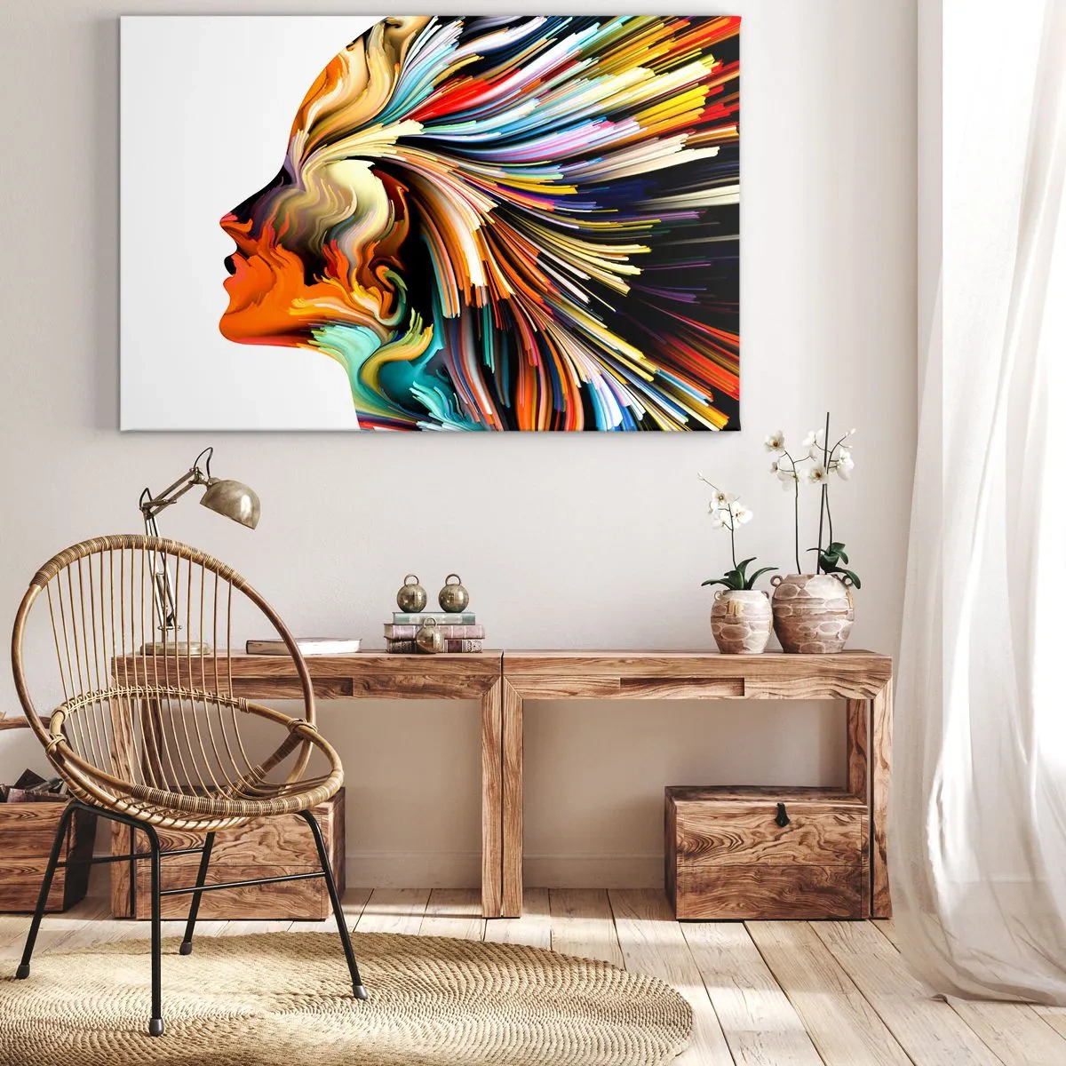 Bild auf Leinwand - Leinwandbild - Abstraktes Gesichtsprofil mit bunten dynamischen Linien. - 120x80cm - Eine Explosion der Fantasie - Moderne Wanddekoration für Wohnzimmer und Schlafzimmer ARTTOR