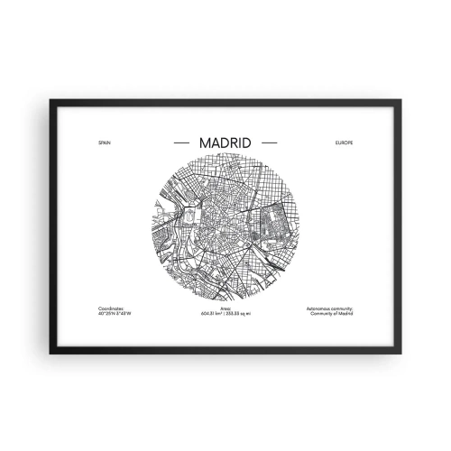 Poster in einem schwarzem Rahmen - Karte von Madrid im minimalistischen Schwarz-Weiß-Stil - 70x50cm - Anatomie von Madrid - Moderne Wanddekoration für Wohnzimmer und Schlafzimmer ARTTOR