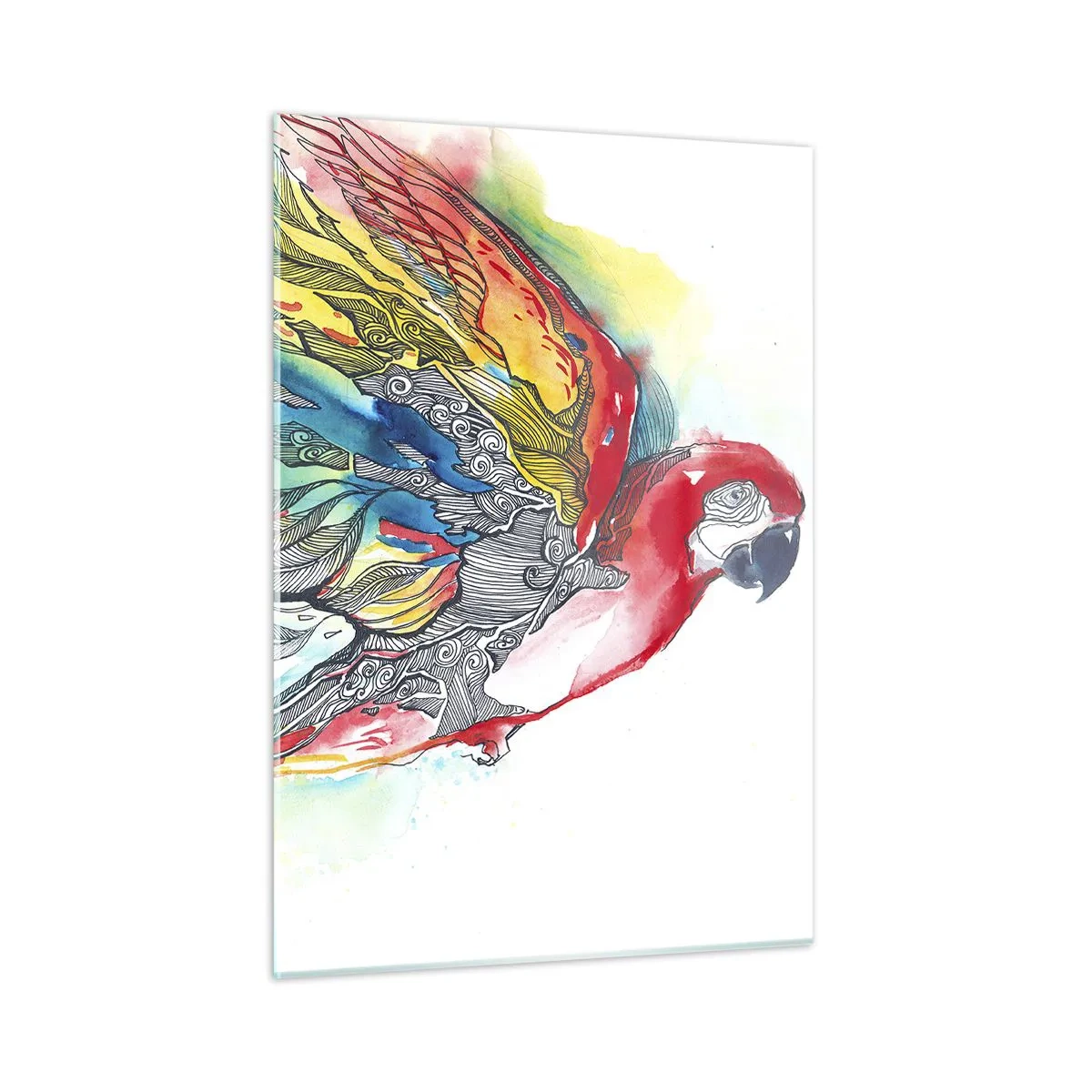 Glasbild - Bild auf glas - Bunter Papagei mit künstlerischen Flügeln und Details - 50x70cm - Leben Sie bunt - Moderne Wanddekoration für Wohnzimmer und Schlafzimmer ARTTOR