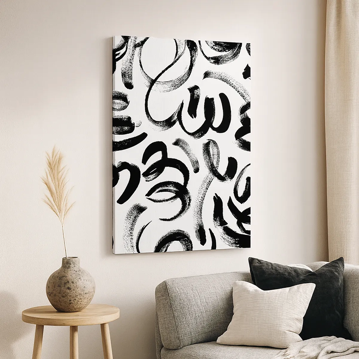 Bild auf Leinwand - Leinwandbild - Schwarze abstrakte Pinselstriche auf weißem Hintergrund - 50x70cm - Schwarz auf Weiß - Moderne Wanddekoration für Wohnzimmer und Schlafzimmer ARTTOR