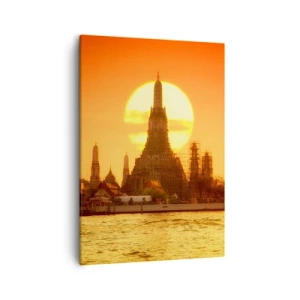 Bild auf Leinwand - Leinwandbild - Sonnenuntergang über dem Tempel mit Spiegelbild im Wasser - 50x70cm - Der Sonne entgegen, immer der Sonne entgegen - Moderne Wanddekoration für Wohnzimmer und Schlafzimmer ARTTOR
