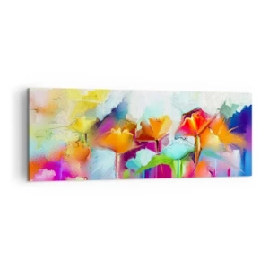 Bild auf Leinwand - Leinwandbild - Abstrakte bunte Blumen auf hellem Hintergrund - 140x50cm - Der Regenbogen ist aufgeblüht - Moderne Wanddekoration für Wohnzimmer und Schlafzimmer ARTTOR