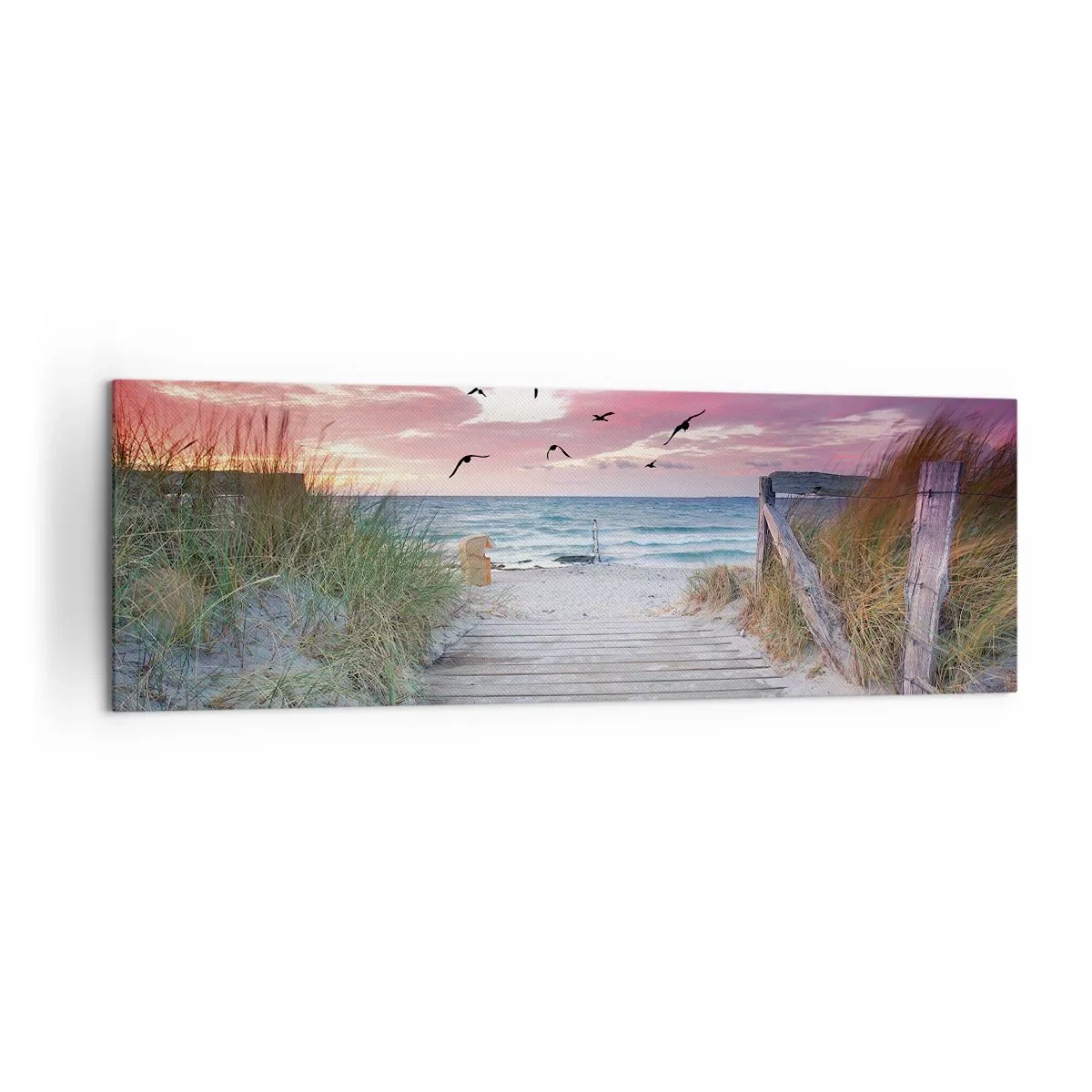 Bild auf Leinwand - Leinwandbild - Holzweg am Strand bei rosa Sonnenuntergang - 160x50cm - Baltischer Eindruck - Moderne Wanddekoration für Wohnzimmer und Schlafzimmer ARTTOR