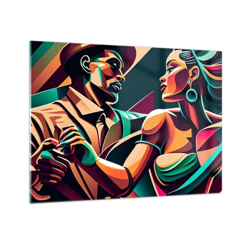 Glasbild - Bild auf glas - Ein farbenfrohes Paar tanzt im Art-Deco-Stil mit dynamischem Ausdruck. - 70x50cm - Im Rhythmus des Herzens - Moderne Wanddekoration für Wohnzimmer und Schlafzimmer ARTTOR
