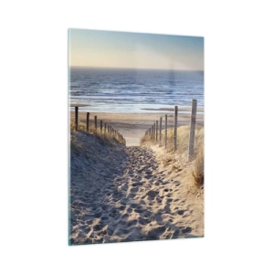 Glasbild - Bild auf glas - Ein Weg durch die Dünen, der zu einem Strand mit ruhigem Meer führt - 50x70cm - Das Rauschen des Meeres, der Gesang der Vögel, ein wilder Strand im Gras ... - Moderne Wanddekoration für Wohnzimmer und Schlafzimmer ARTTOR