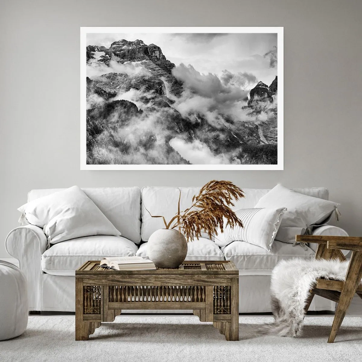 Poster - Schwarz-Weiß-Ansicht der von Wolken umgebenen Berge - 100x70cm - Schön und grausam - Moderne Wanddekoration für Wohnzimmer und Schlafzimmer ARTTOR