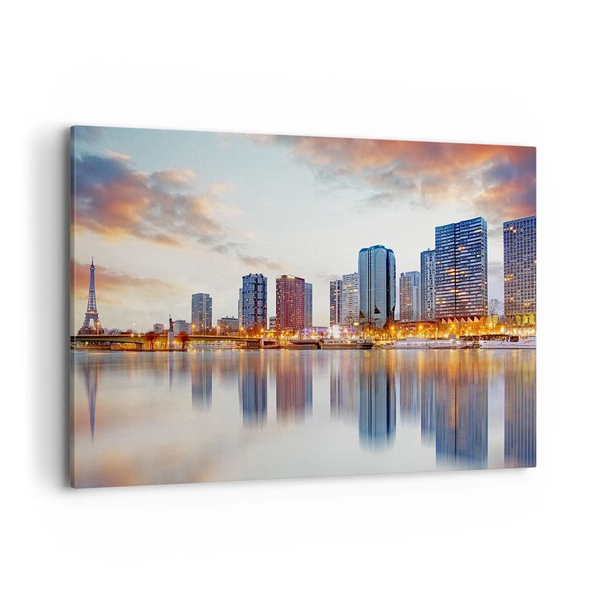 Bild auf Leinwand - Leinwandbild - Panorama moderner Gebäude und des Eiffelturms über dem Wasser - 100x70cm - Die monumentale Ruhe von Paris - Moderne Wanddekoration für Wohnzimmer und Schlafzimmer ARTTOR