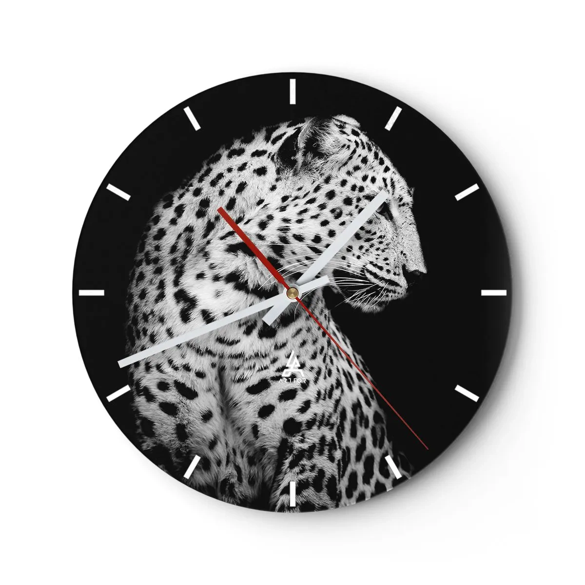 Wanduhr - Glasuhr - Schwarz-Weiß-Porträt eines Leoparden auf schwarzem Hintergrund - 30x30cm - Rechtes Profil perfekt! - Moderne Wanddekoration für Wohnzimmer, Küche und Schlafzimmer ARTTOR