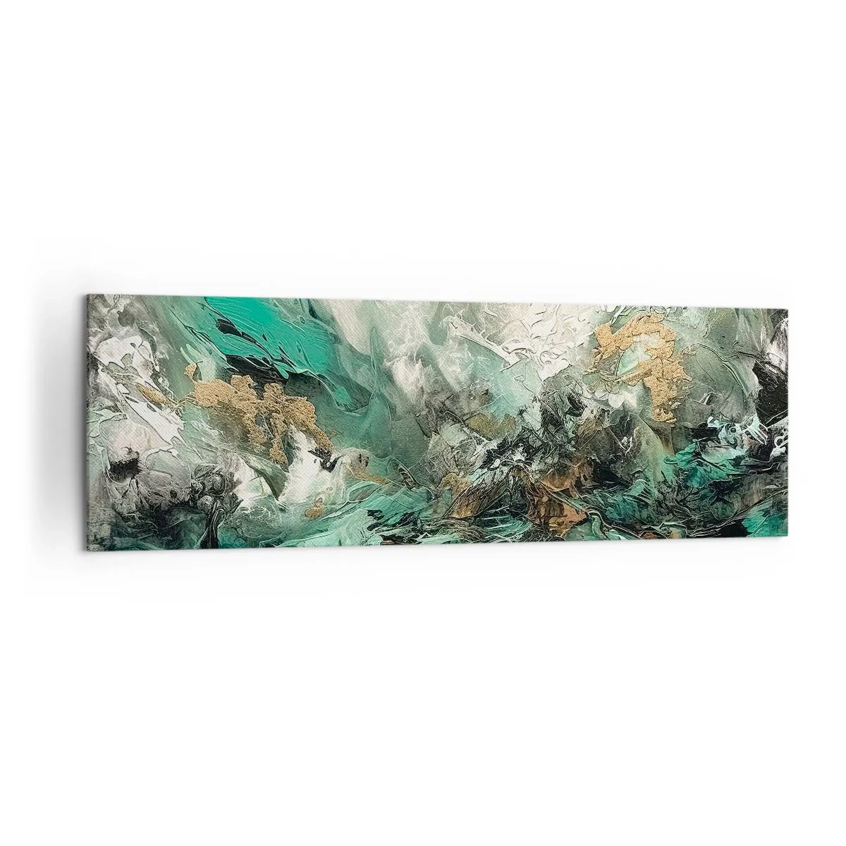 Bild auf Leinwand - Leinwandbild - Abstrakte Landschaft in Grün- und Goldtönen - 160x50cm - Smaragdgrüne und schwarze Brandung - Moderne Wanddekoration für Wohnzimmer und Schlafzimmer ARTTOR