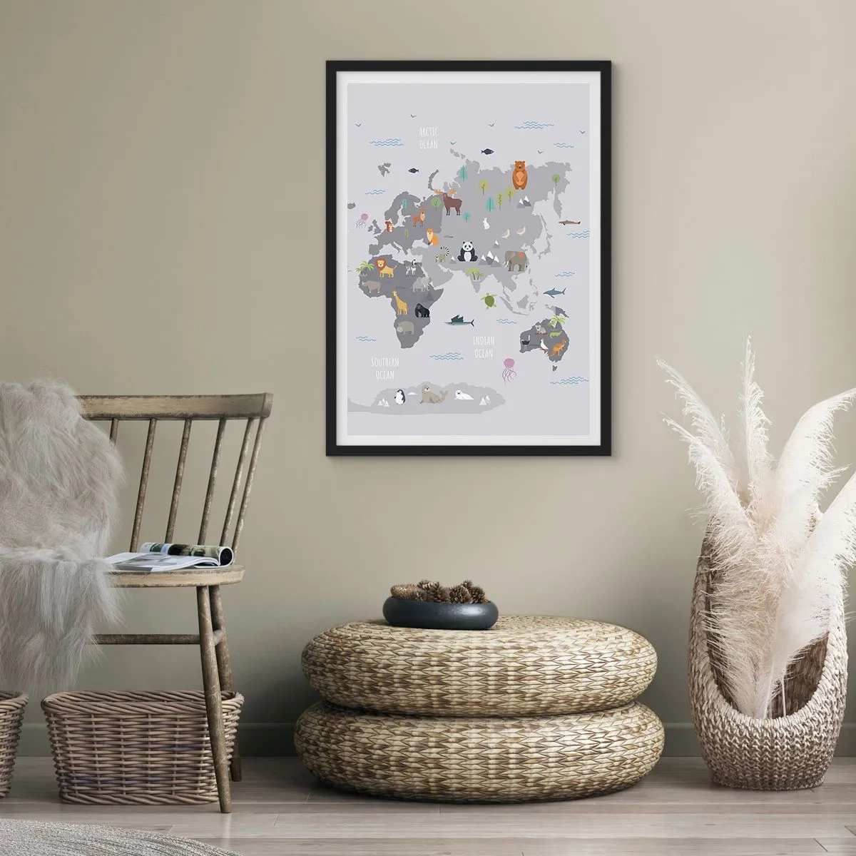 Poster in einem schwarzem Rahmen - Weltkarte mit bunten Tieren für Kinder - 50x70cm - Sag mir wo du herkommst ... - Moderne Wanddekoration für Wohnzimmer und Schlafzimmer ARTTOR