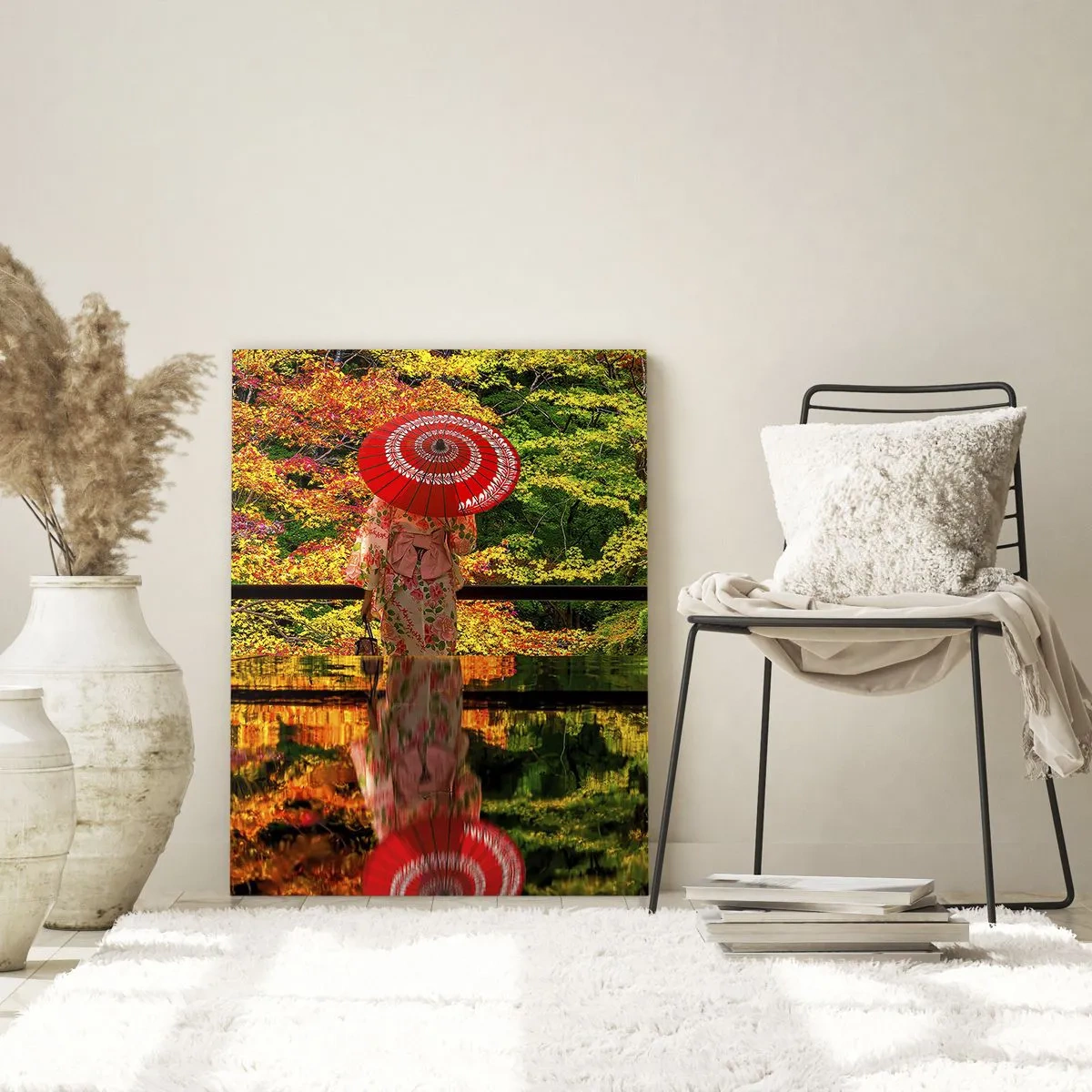 Glasbild - Bild auf glas - Eine Frau im Kimono mit Regenschirm vor dem Hintergrund einer Herbstlandschaft. - 80x120cm - Im Tempel der Natur - Moderne Wanddekoration für Wohnzimmer und Schlafzimmer ARTTOR